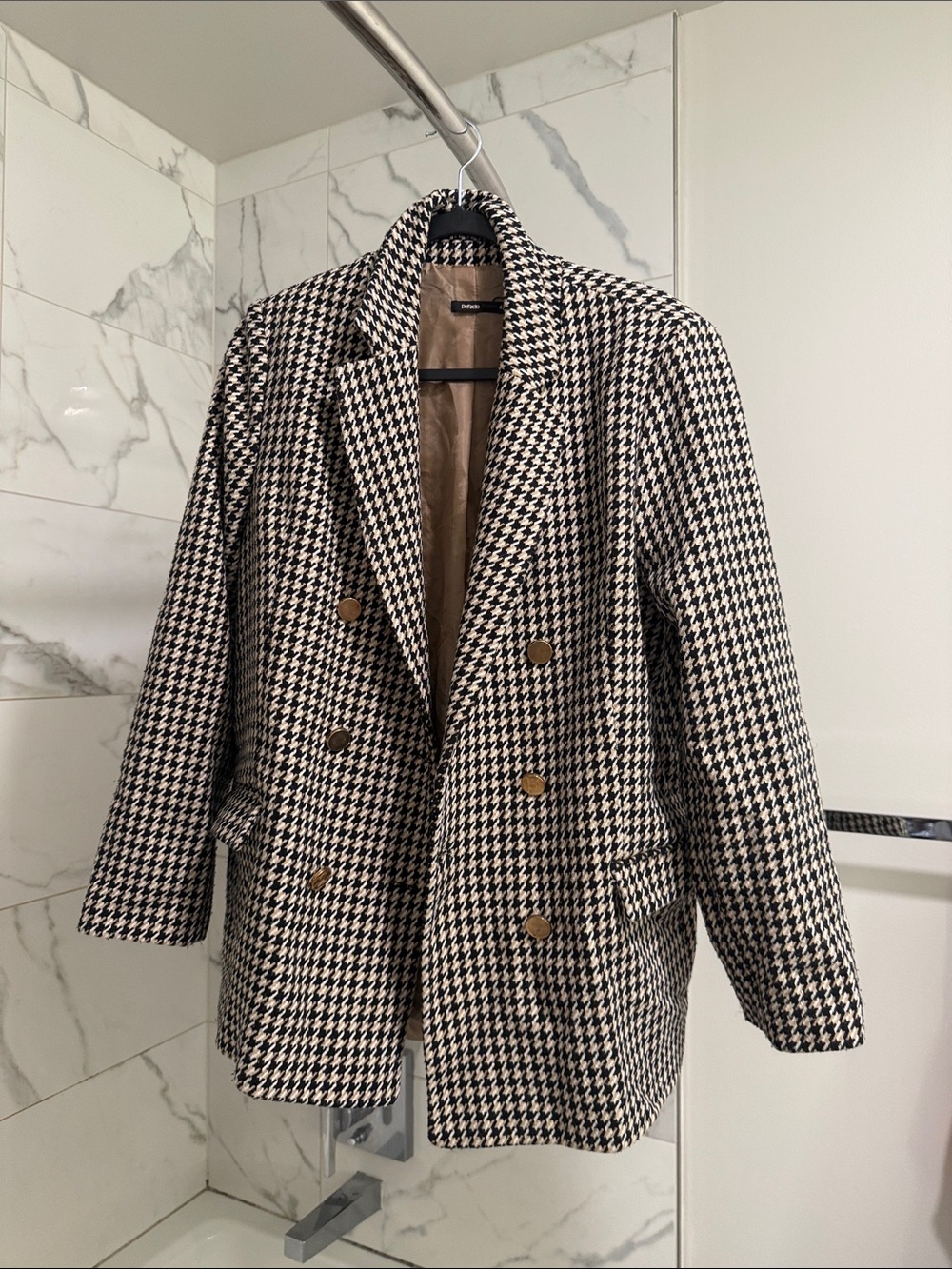 Double-Breasted Houndstooth Blazer - Black & Cream